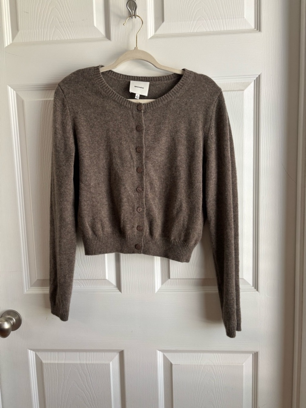 Reformation Clara Cashmere Crew Cardigan in Taupe - Picture 2 of 6